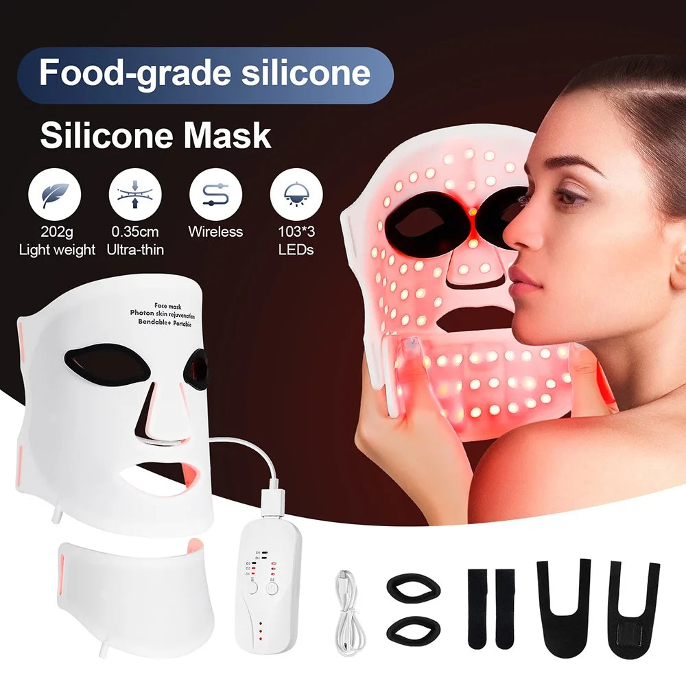 Silicone LED Mask Face With Neck 7 Colors LED Photon Red Light Infrared Face Repair Technology