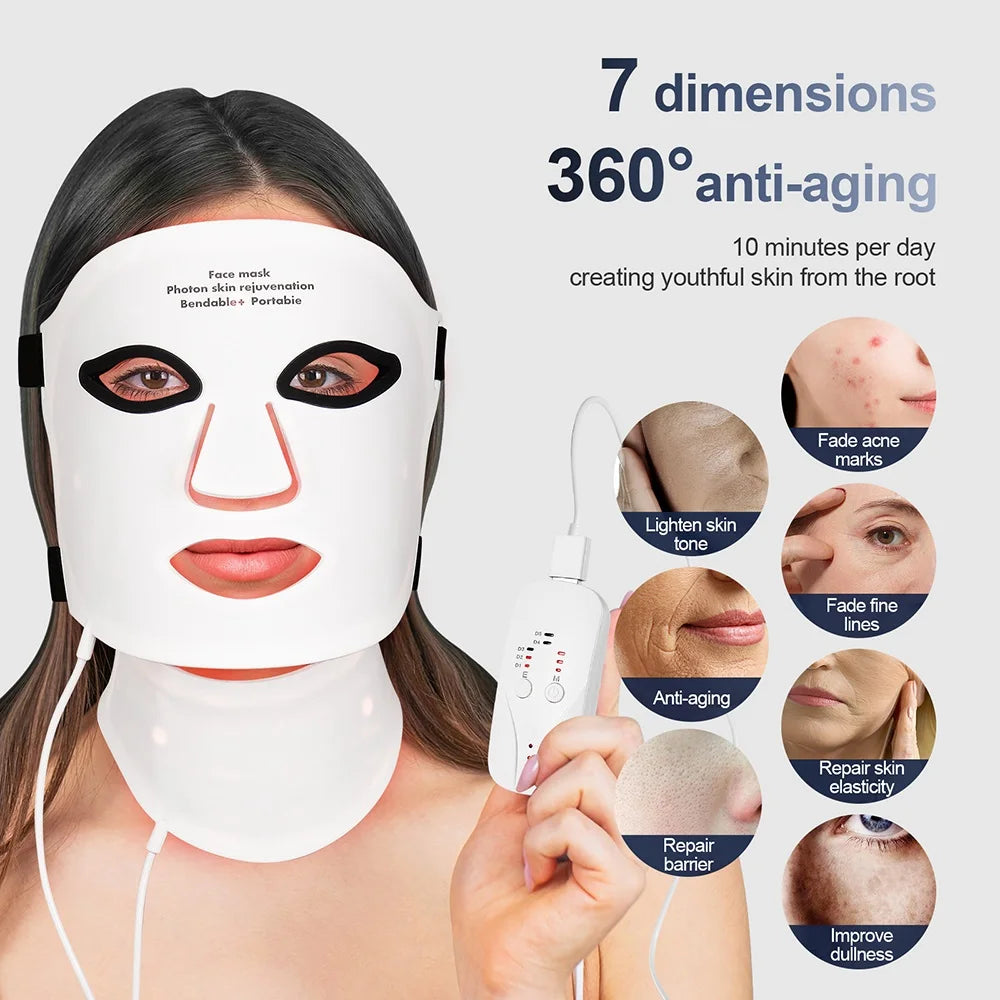 Silicone LED Mask Face With Neck 7 Colors LED Photon Red Light Infrared Face Repair Technology